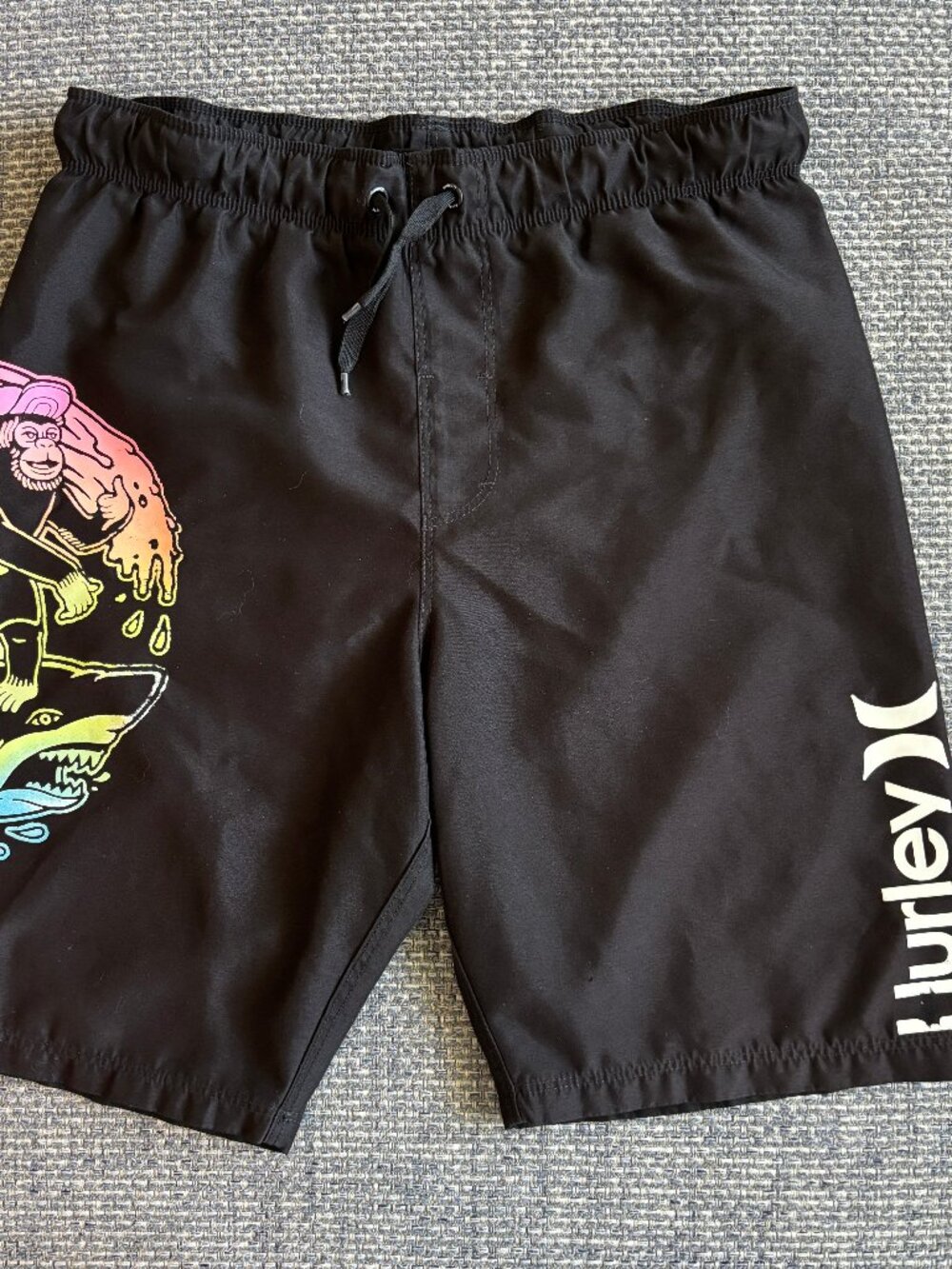 Hurley Boys Black Neon Monkey Shark Swim Board Shorts Trunks | Sz M (10-12)